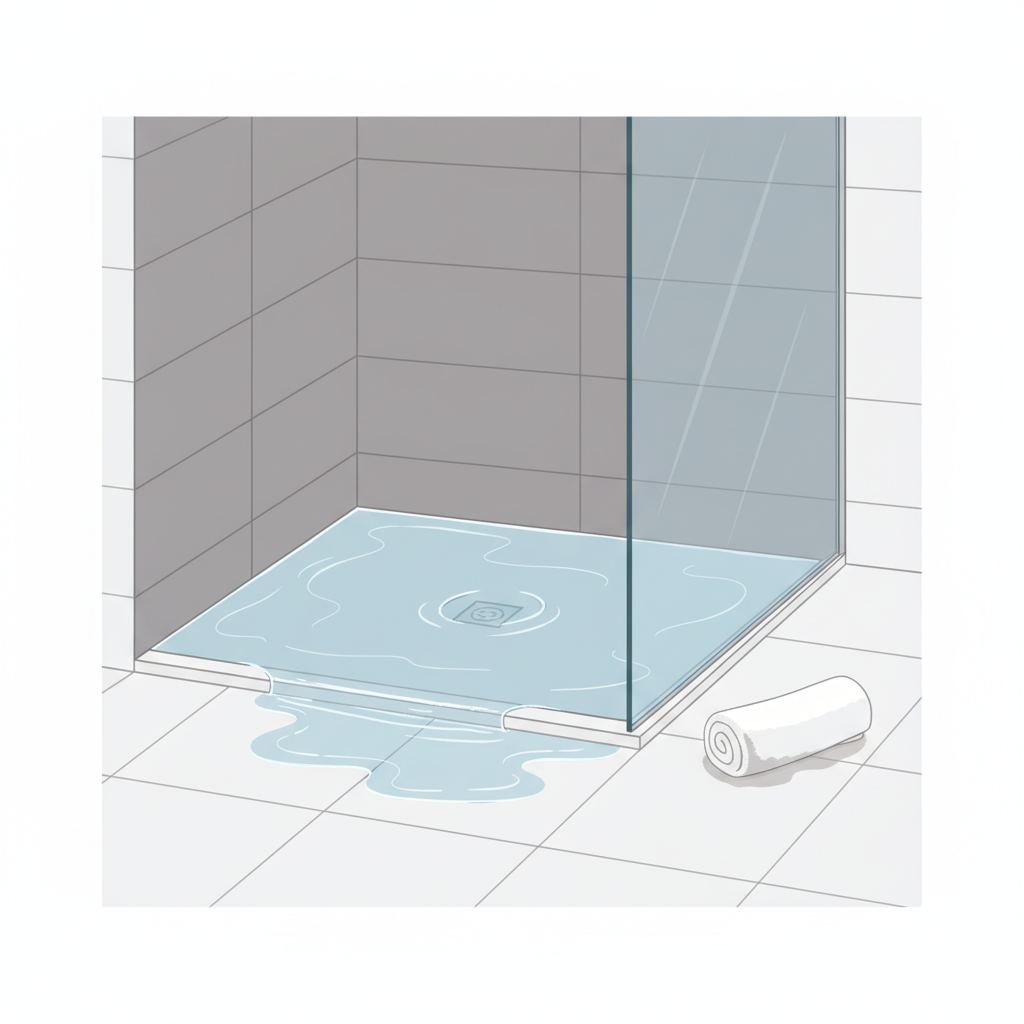 A professional photo-style illustration depicting an unpleasant situation: a modern, floor-level shower with a sleek, minimalist design, but with water visibly pooling and overflowing slightly onto the surrounding bathroom floor. The water should appear stagnant, reflecting the clean white or grey tiles of the shower area, emphasizing the contrast between the aesthetic design and the functional failure caused by a severe drain clog. The scene should convey a sense of inconvenience and the immediate need for a solution, with bright, clean lighting highlighting the standing water.