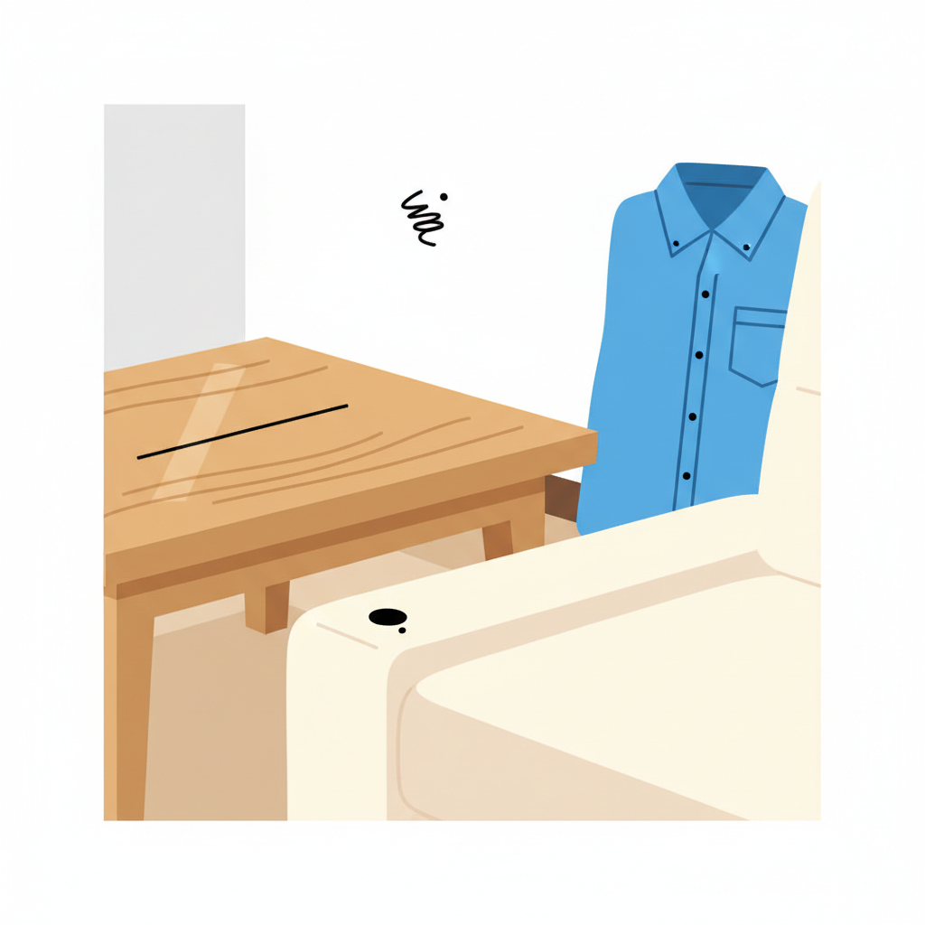 A vibrant, clean flat illustration depicting various common household items affected by small, neat permanent marker stains. In the foreground, a corner of a light-colored fabric sofa with a small black mark. Behind it, a polished wooden tabletop showing a faint line. In the background, a white wall with a small scribble and a folded piece of clothing with a tiny dot. The items should be distinct but subtly marred, conveying the common problem without being messy. The overall composition should be bright and slightly stylized, focusing on the contrast between clean surfaces and the small, stubborn marks.