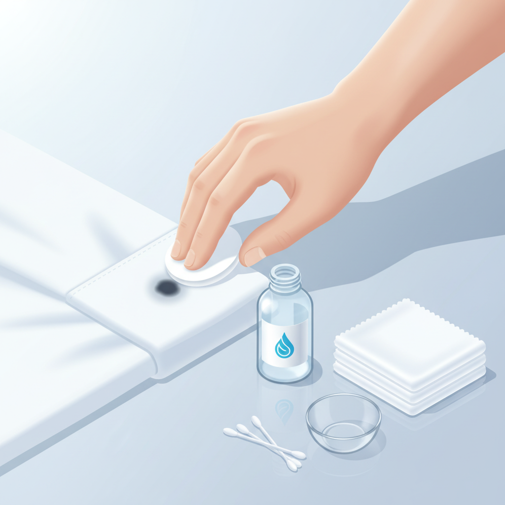 A bright and clear isometric illustration showcasing the process of removing a permanent marker stain. A hand (gender-neutral) gently dabs a small black stain on a piece of fabric (like a white shirt cuff) using a cotton pad soaked with a clear liquid (representing alcohol). Next to this, a small bottle with a generic symbol for 'cleaning solution' and a few other essential cleaning tools like clean cloths and cotton swabs are neatly arranged on a pristine surface. The scene emphasizes careful, precise action and the importance of specific tools, with a minimalist background to keep the focus on the cleaning process.