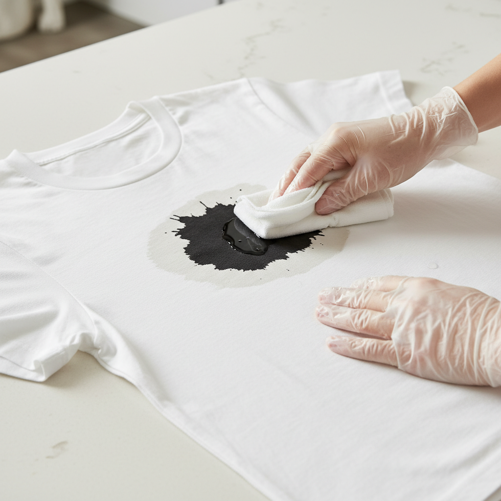 A crisp, white cotton t-shirt lays flat on a clean, light-colored surface. A noticeable, dark black Edding permanent marker stain is prominently visible on the fabric. A pair of clean hands, possibly gloved, is gently dabbing the stain with a white cloth saturated with a clear liquid, suggesting a cleaning solution. The scene should convey a sense of careful effort and the initial stage of stain removal, captured with soft, even lighting. Professional product photography style, clean and focused on the interaction between hands, cloth, and stained fabric.