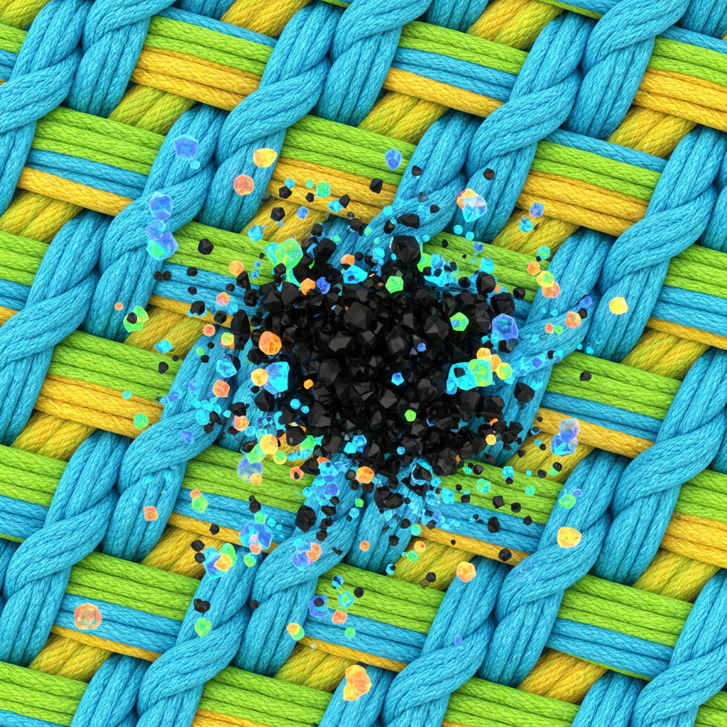 A vibrant, close-up scientific illustration depicting fabric fibers at a magnified, microscopic level. The textile threads are intricately woven, and deep within their structure, dark, irregular ink pigment particles are firmly embedded. Around these embedded pigments, smaller, translucent solvent molecules are beginning to interact, visually breaking down the ink's bond with the fabric. The illustration should use bright, clean colors to represent the fabric, ink, and solvents, emphasizing the tenacious nature of permanent marker ink and the action of the cleaning agents. Modern abstract scientific diagram style.