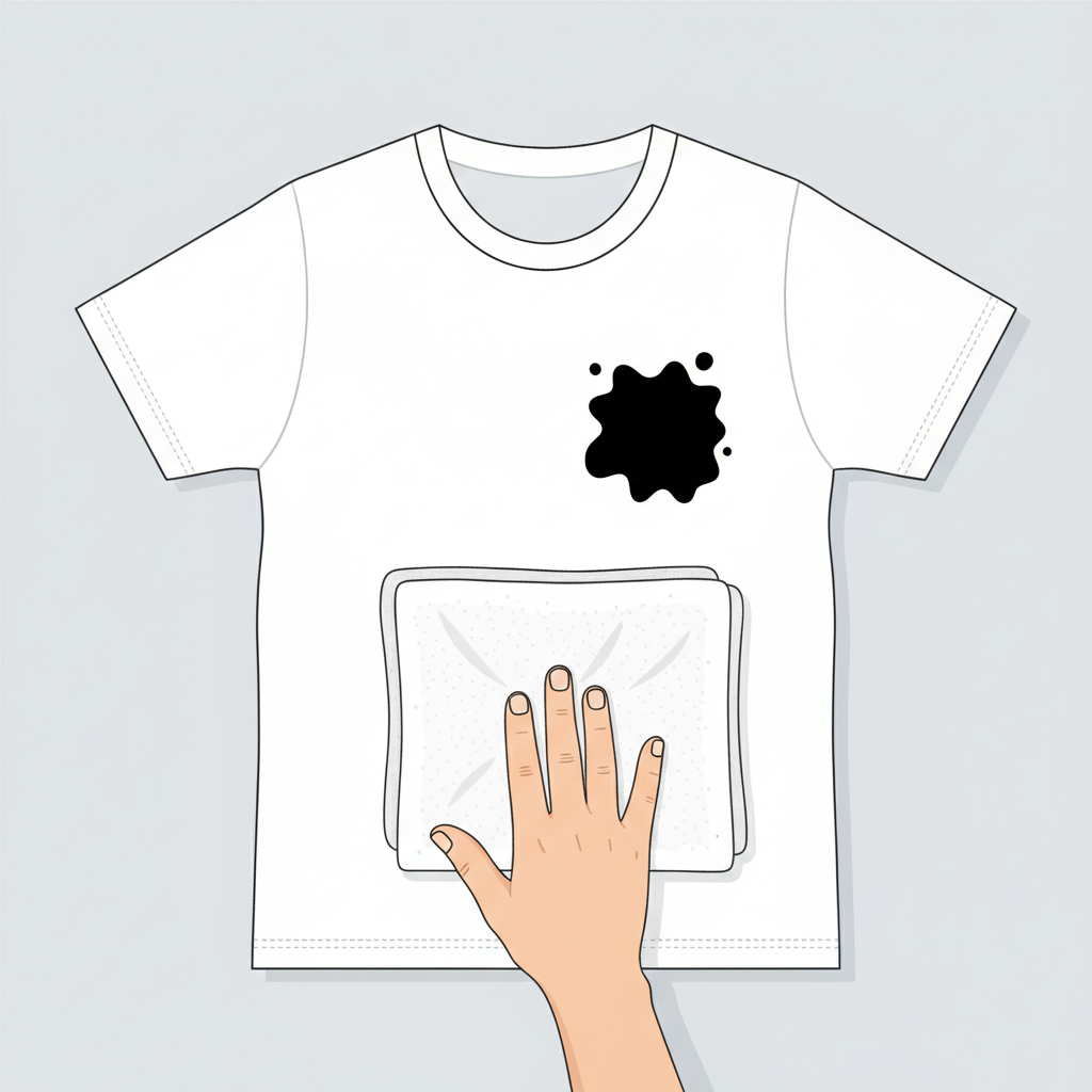A vibrant, clean flat illustration showing a white t-shirt laid flat on a neutral surface. A stark black Edding stain is prominently visible on the fabric. Beneath the stained area, a clean, folded paper towel or absorbent cloth is neatly placed, preventing bleed-through. A hand is gently positioning the underlay, emphasizing the crucial first step of preparing for stain removal and the 'no rubbing' rule. The overall scene should convey the initial problem and the careful, controlled preparation, highlighting the contrast between the pristine fabric and the stubborn mark.