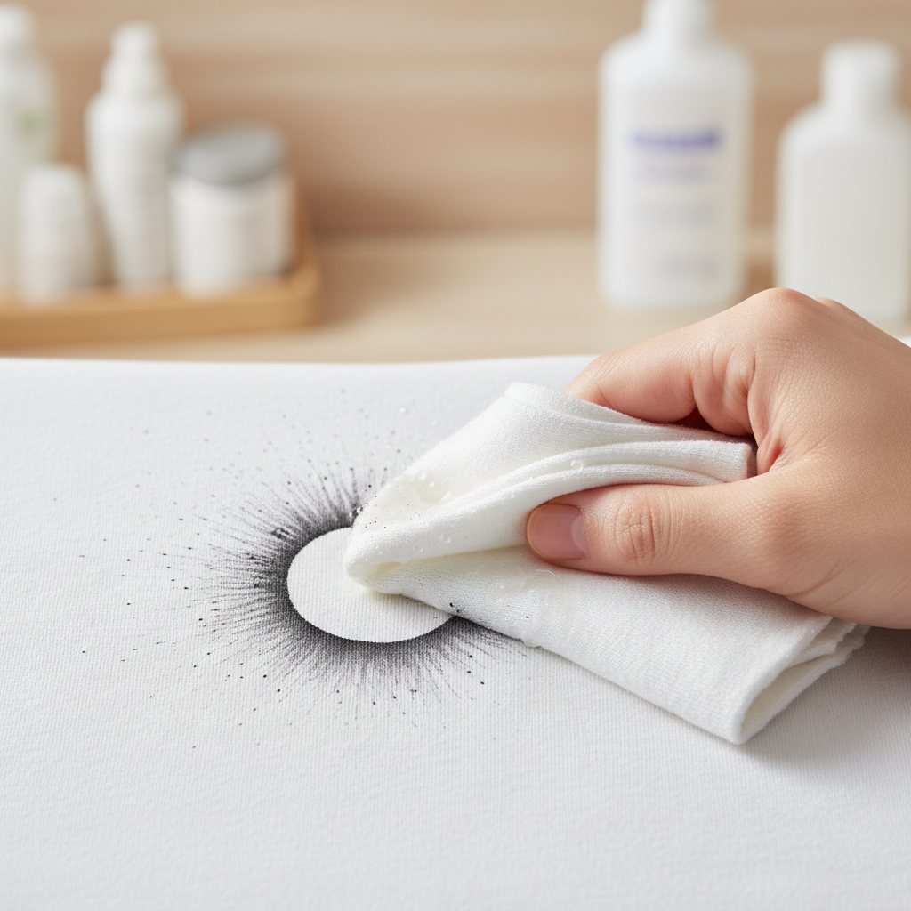 A close-up, bright professional photo illustrating the active removal of an Edding stain from a white t-shirt. A small, dark permanent marker stain is visible on the fabric. A hand, holding a white cotton pad or a corner of a clean cloth saturated with a clear liquid (like alcohol), gently dabs at the edge of the stain. Tiny droplets of the liquid are shown interacting with the ink, creating a subtle blurring or spreading effect at the stain's perimeter, indicating the dissolving action. The background is softly blurred, hinting at a cleaning environment.