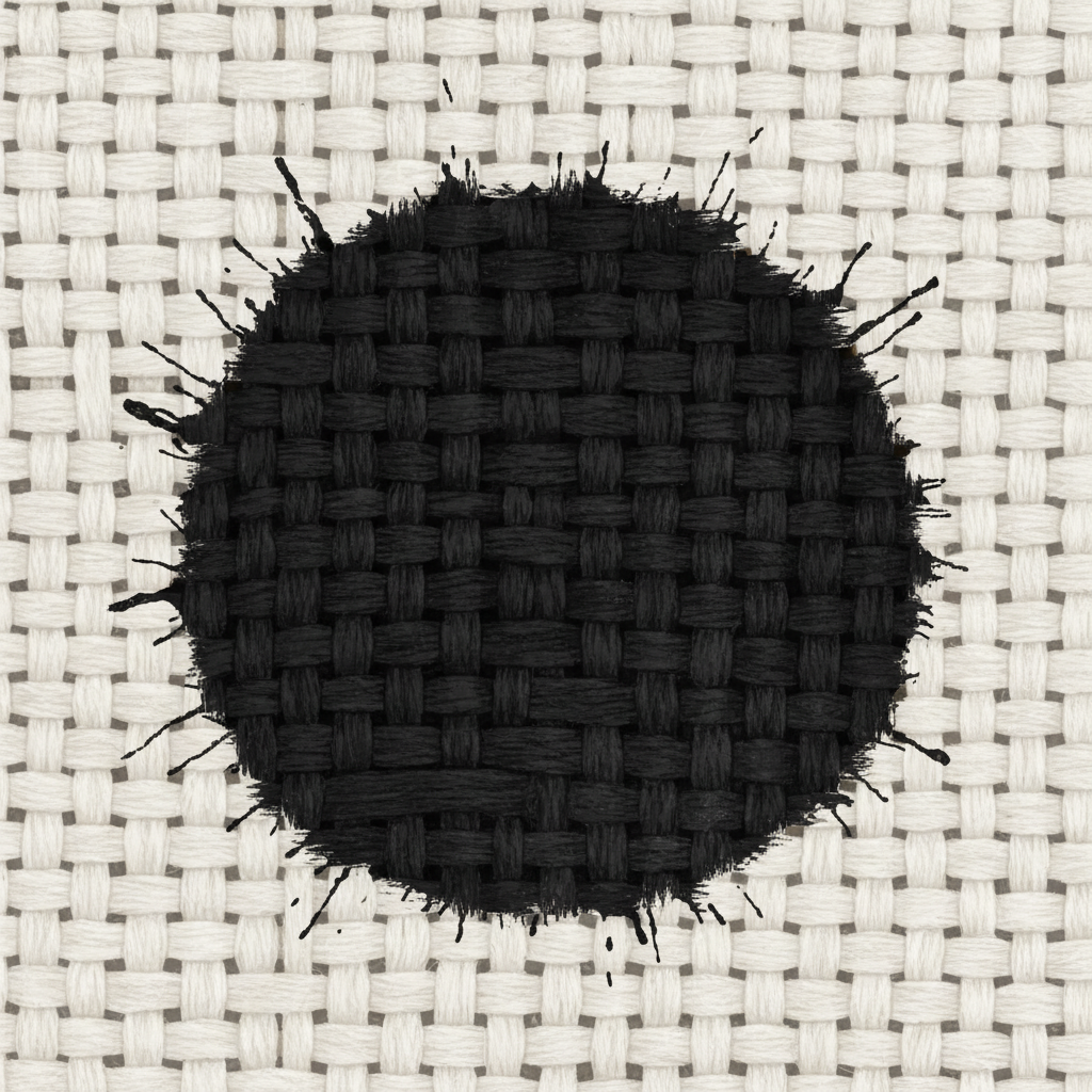 A vibrant, detailed flat illustration showing a close-up of a piece of tightly woven fabric, such as light-colored cotton or linen. A prominent, dark Edding marker stain sits squarely on the fabric. The ink appears deeply diffused and set within the individual threads and fibers, visually conveying its stubbornness and deep penetration into the textile. The surrounding fabric is pristine, creating a stark, clean contrast with the challenging stained area. The illustration should emphasize the permanent nature of the ink without being overly dramatic.