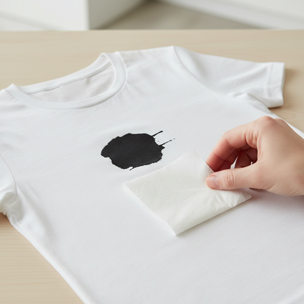 A close-up, professional photo of a white fabric (like a t-shirt or tablecloth) with a distinct, fresh black Edding marker stain. A human hand is carefully placing a clean white kitchen paper sheet or a piece of white cloth directly underneath the stained area on a flat surface. The background is softly blurred to keep the focus on the stain and the preparatory action. The lighting is bright and even, highlighting the contrast between the fabric and the ink. Focus on the immediacy of treatment and protection.