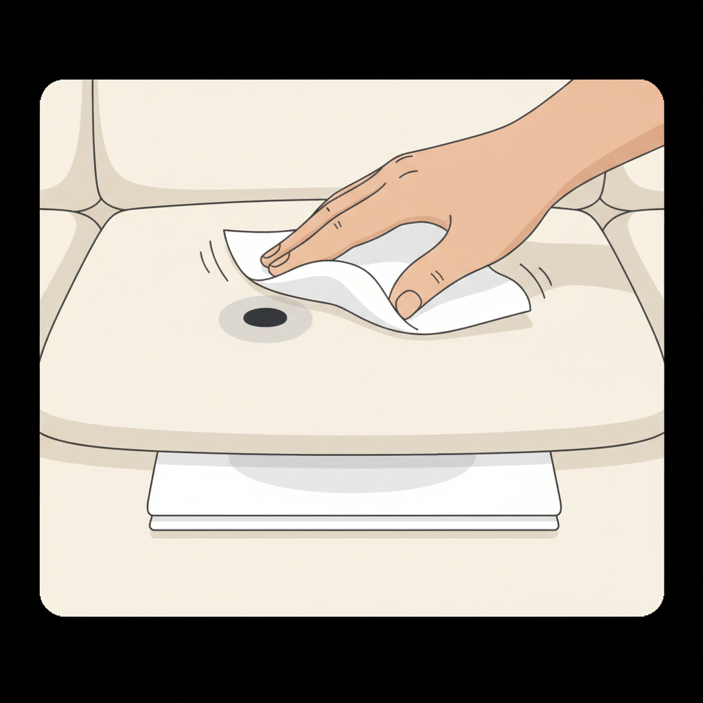 A clean, instructional flat illustration depicting the initial steps of treating a fresh Edding stain. A hand, positioned from above, gently presses a clean, white, absorbent cloth or paper towel onto a small, dark Edding stain on a light-colored fabric surface (e.g., a pant leg or sofa cushion). Crucially, a second clean, folded white cloth is clearly visible directly underneath the stained fabric, illustrating the method of drawing the ink through the material. The action should clearly be a gentle dabbing or blotting motion, not rubbing.