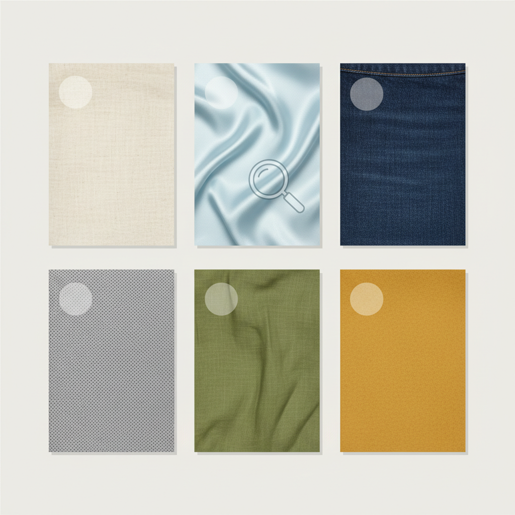 An infographic-style illustration showcasing a collection of diverse fabric swatches arranged neatly. These include textures representing cotton, silk, denim, and a synthetic blend. On one corner or an inconspicuous area of each swatch, there's a subtle, almost invisible 'test spot' indicating where a cleaning agent would be tried. A minimalist magnifying glass icon or element hovers over one swatch, emphasizing careful inspection. The overall aesthetic should be clean, modern, and informative with a soft, natural color palette.