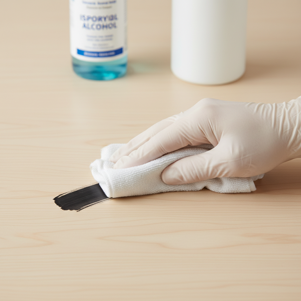 A close-up, high-angle professional photo illustrating the careful removal of a permanent marker stain. A clean, gloved hand holds a white microfiber cloth or a cotton swab, gently dabbing at a prominent black marker streak on a light-colored surface, such as a wooden table or a piece of white fabric. A bottle of cleaning alcohol or a spray can is subtly visible in the background, slightly out of focus. The scene conveys a sense of precision and effectiveness, highlighting the practical process of stain removal.