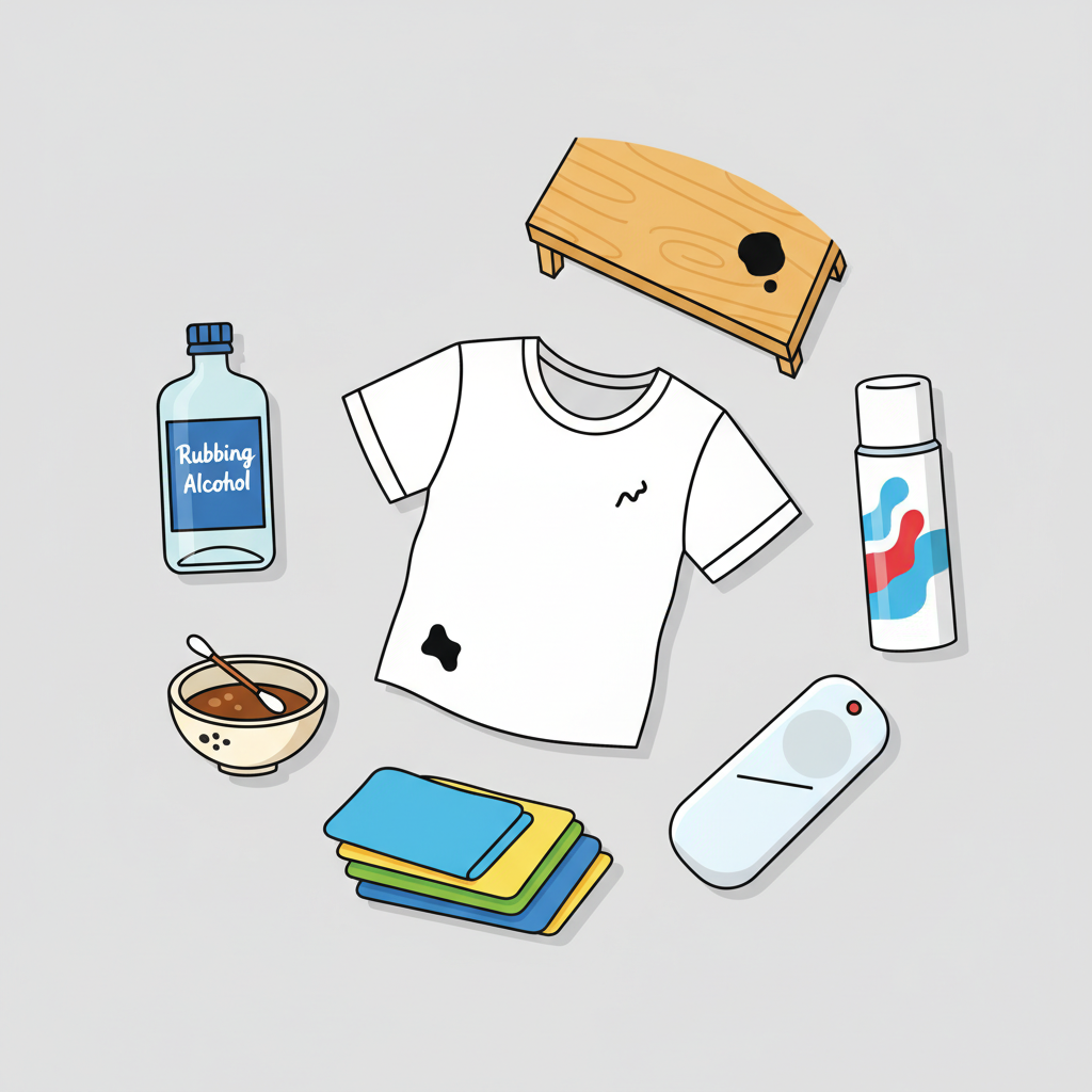 A vibrant, clean flat illustration showcasing a diverse collection of household items, each featuring a small, distinct permanent marker stain. Examples include a crumpled white t-shirt, a corner of a light wooden table, and a smooth plastic object. Arranged around these stained items are various small bottles and tools representing common cleaning solutions: a bottle of rubbing alcohol, a hairspray can, a small bowl with a cotton swab, and a few neatly folded cleaning cloths. The composition is organized yet dynamic, symbolizing the variety of affected surfaces and the range of potential remedies.