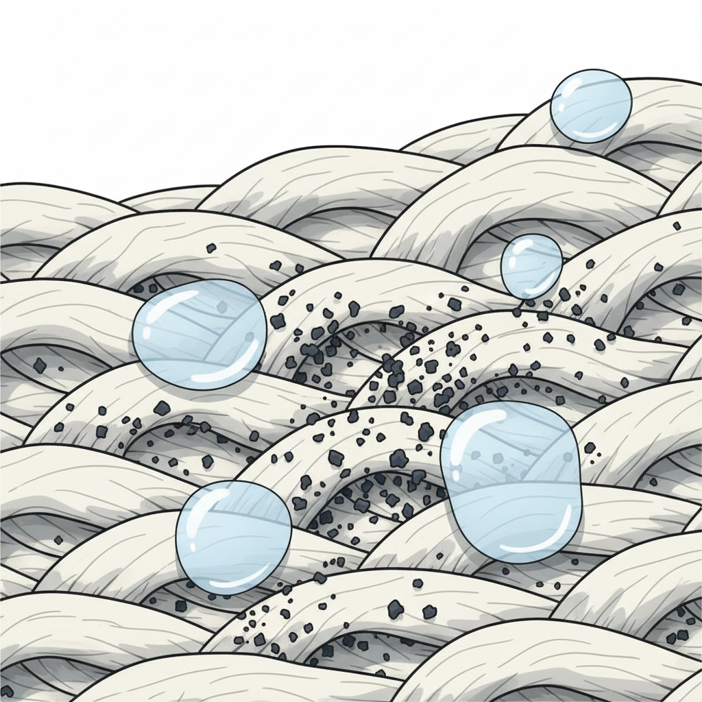 A highly detailed, infographic-style illustration depicting a microscopic view of Edding ink penetrating textile fibers. Show a cross-section of fabric threads, resembling interwoven ropes, with numerous small, dark ink particles (pigments) deeply embedded within and clinging to the individual fibers. Some of these particles appear 'bound' to the fibers. A few larger, light-blue water droplets are shown attempting to wash over the stained area, but are visibly unable to dislodge the deeply set ink, emphasizing the ink's water-resistance and stubbornness. The color palette should be clean and scientific.