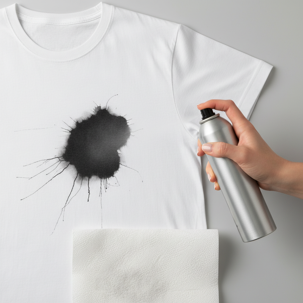 A vibrant, brightly lit studio photo of a white cotton t-shirt with a distinct black Edding marker stain on the front. A human hand, reaching from the right, holds a modern, silver hairspray can, emitting a fine mist directly onto the stain. The stain itself appears to be slightly smudged or beginning to dissolve at the edges, hinting at the start of the cleaning process. Underneath the shirt, a piece of folded kitchen paper is visible, absorbing any potential run-off. The overall composition should be clean and focused, emphasizing the action of spraying and the immediate visual effect.