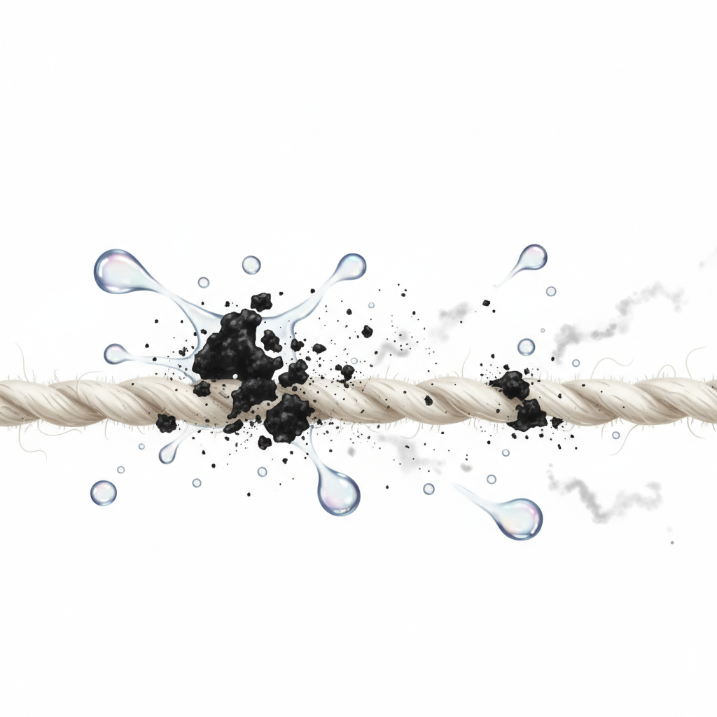 A stylized scientific illustration depicting a magnified view of fabric threads (e.g., cotton fibers) with a clean, light background. Interwoven among the visible threads are dark, irregular particles representing Edding ink pigments. Abstract droplets, shimmering and translucent, symbolizing the hairspray's solvents, are shown actively surrounding and breaking apart these ink particles into even smaller, dispersed elements. The image conveys the chemical process of stain dissolution at a microscopic level, highlighting the interaction between the cleaning agent and the stain without any actual text.