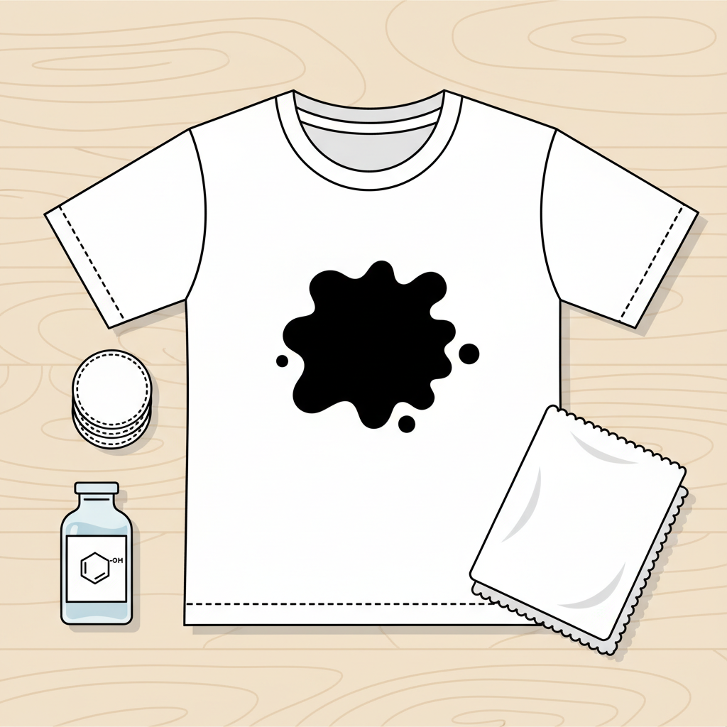 A vibrant, flat illustration depicting a close-up scene of a white t-shirt with a prominent black Edding marker stain. Surrounding the stain are several common household items: a small, clear bottle labeled only with a generic chemical structure symbol (representing rubbing alcohol), a stack of white cotton pads, and a clean, folded white cloth. The background is a clean, minimalist wooden table. The composition should convey a sense of a problem being addressed with readily available solutions, emphasizing readiness and quick action.