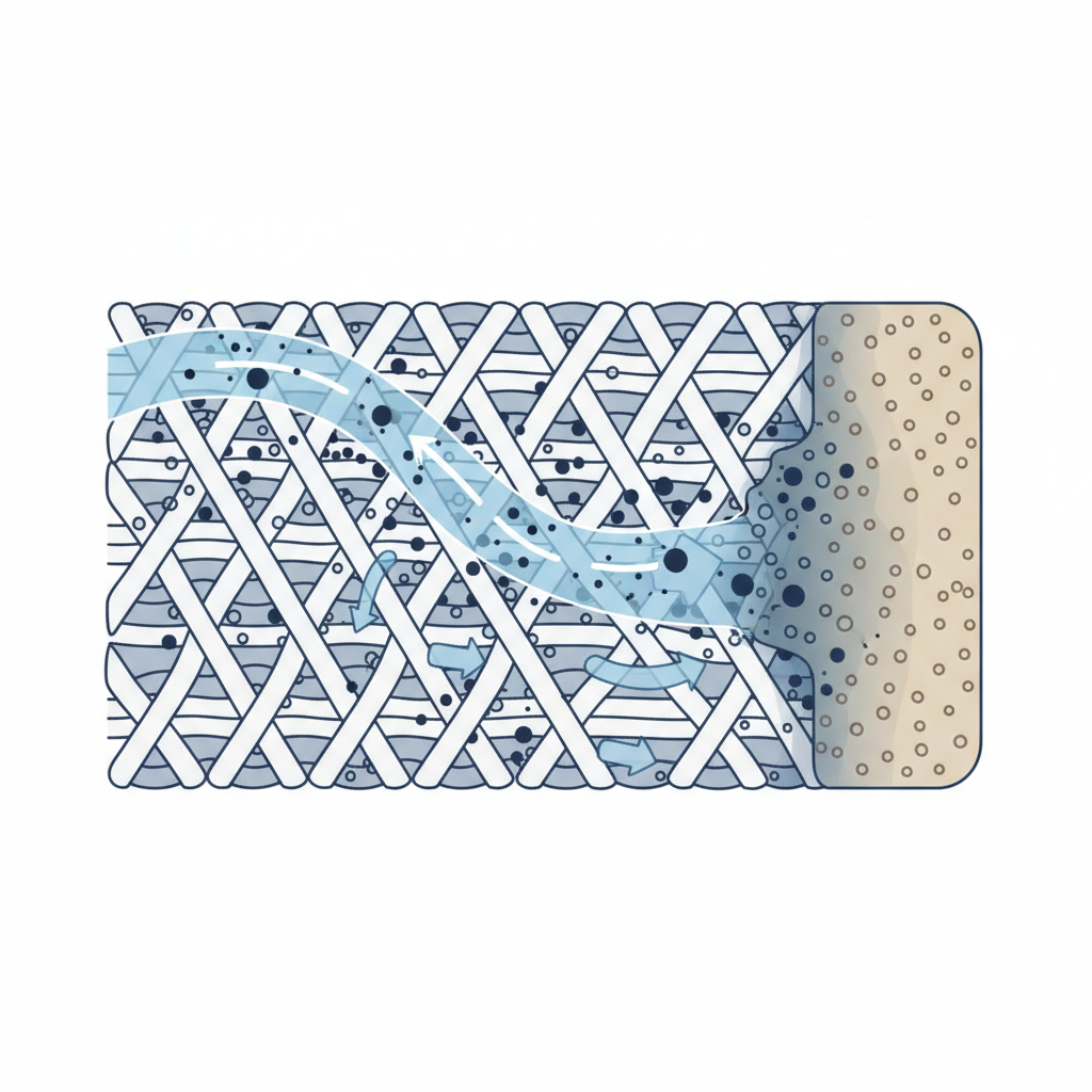 An abstract, scientific diagram illustration showcasing a magnified cross-section of fabric fibers. Dark, circular ink particles are deeply embedded within the intricate weaving of the textile. A stylized, clear liquid flow (representing a solvent) is shown interacting with these ink particles, visibly dissolving and lifting them away from the fibers towards an absorbent, textured pad depicted at the edge of the frame. The style should be clean and infographic-like, using a simple, contrasting color palette to highlight the interaction between the solvent, ink, and fabric.