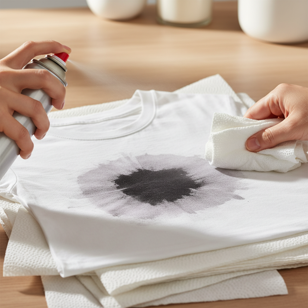 A vibrant, professional product photograph. Focus on a close-up scene of a white fabric, perhaps a t-shirt, laid flat on a stack of absorbent kitchen paper. A prominent black Edding stain is visible on the fabric. A hand, coming from the side, is holding a classic silver hairspray can, aiming a fine mist directly onto the stain. Another hand, from the opposite side, is gently dabbing the dissolving stain with a clean, white cloth or paper towel. The background is softly blurred, emphasizing the cleaning action and effectiveness.