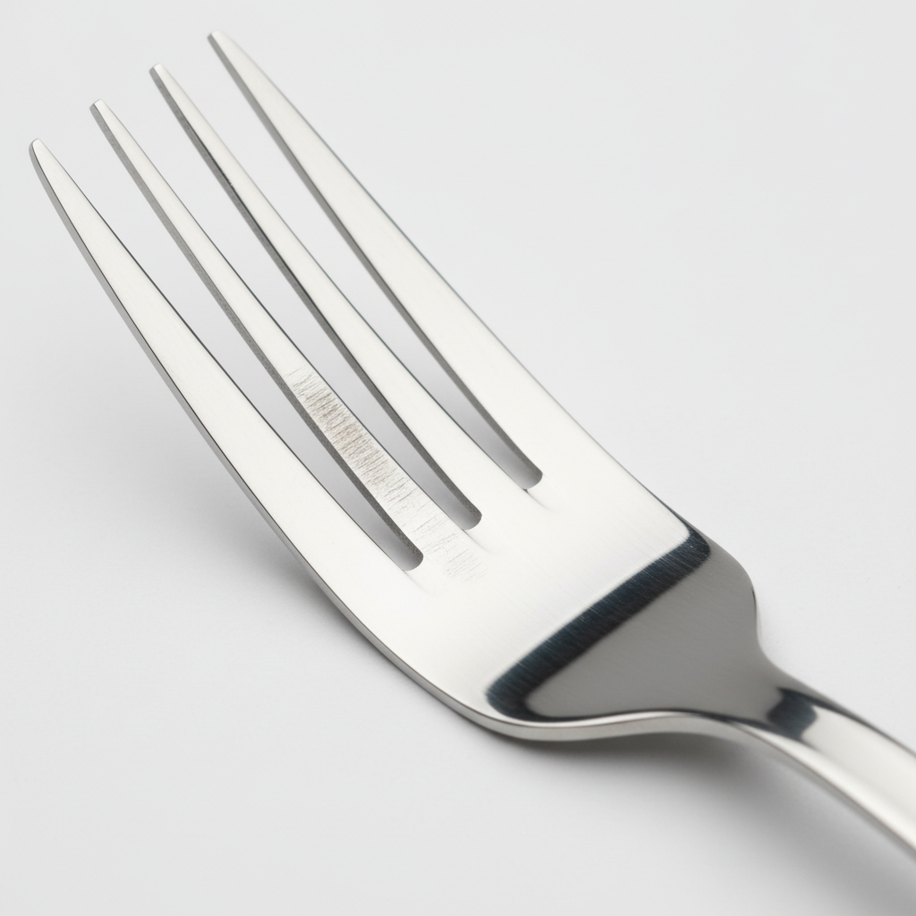 A close-up, professional studio photograph of a gleaming silver stainless steel fork. One of the tines has distinct, visible fine scratches and dullness, creating a stark contrast with the otherwise polished, reflective surface of the rest of the fork. The lighting should highlight the imperfections on the scratched area while emphasizing the surrounding mirror-like shine. The background is clean and minimalist, allowing the cutlery to be the sole focus. The image conveys the problem of scratched cutlery effectively.