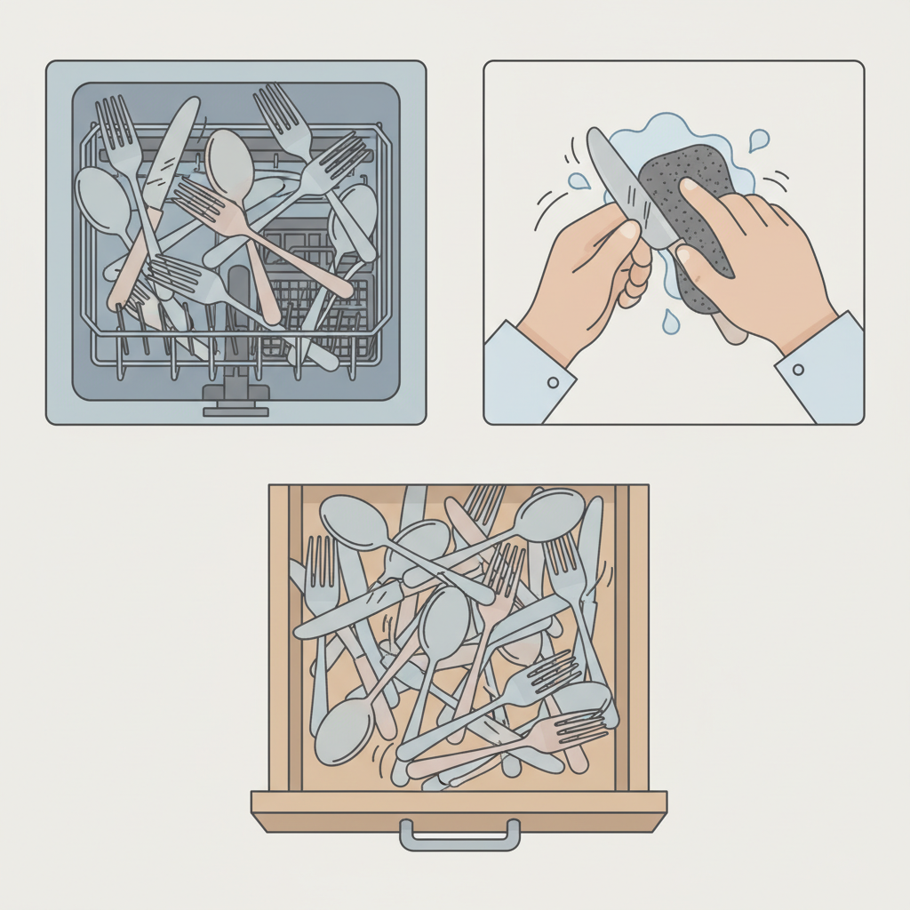 An infographic-style flat illustration depicting common causes of scratches on stainless steel cutlery. The scene shows multiple isolated elements: a collection of various metal utensils haphazardly mixed in a dishwasher rack, a hand scrubbing a piece of cutlery with a harsh, abrasive steel wool pad, and an open kitchen drawer revealing loose, jumbled cutlery pieces clattering against each other. Each element is clearly distinguishable, using a clean, modern aesthetic with muted colors and clear outlines.