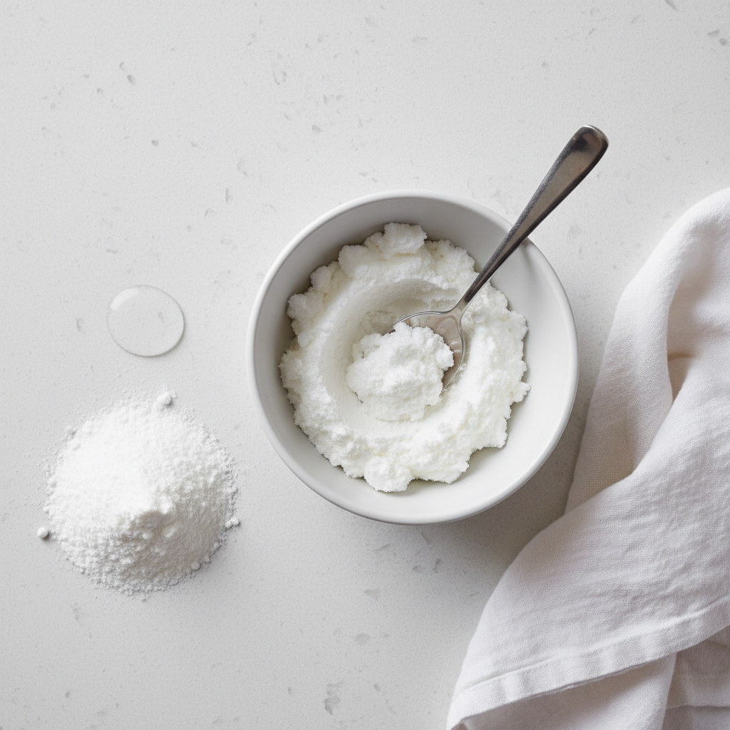 A professional still life photograph, a top-down view, illustrating the preparation of a baking soda paste for cleaning. On a clean, light countertop, there's a small white ceramic bowl containing a mixture of white baking soda and a few drops of water, forming a thick paste. A spoon is resting in the bowl. Nearby, a small pile of dry baking soda and a droplet of water are visible, suggesting the ingredients. A soft, clean cloth is positioned beside the bowl, ready for application. The scene is simple, well-composed, and emphasizes the natural ingredients.