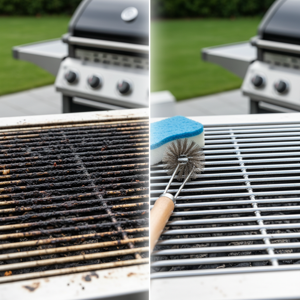 A professional, split-screen photo illustrating the dramatic transformation of a stainless steel grill grate. On the left, a heavily used grill grate is depicted, covered in stubborn, dark food residues, burnt-on grease, and visible grime, appearing dull and unappetizing. On the right, the identical grill grate shines brilliantly, its stainless steel bars gleaming, reflective, and pristine. A subtle motion blur or a gradient in the center could suggest the cleaning process, with gentle cleaning tools like a non-abrasive brush and a sponge softly out of focus in the background, implying effective restoration.