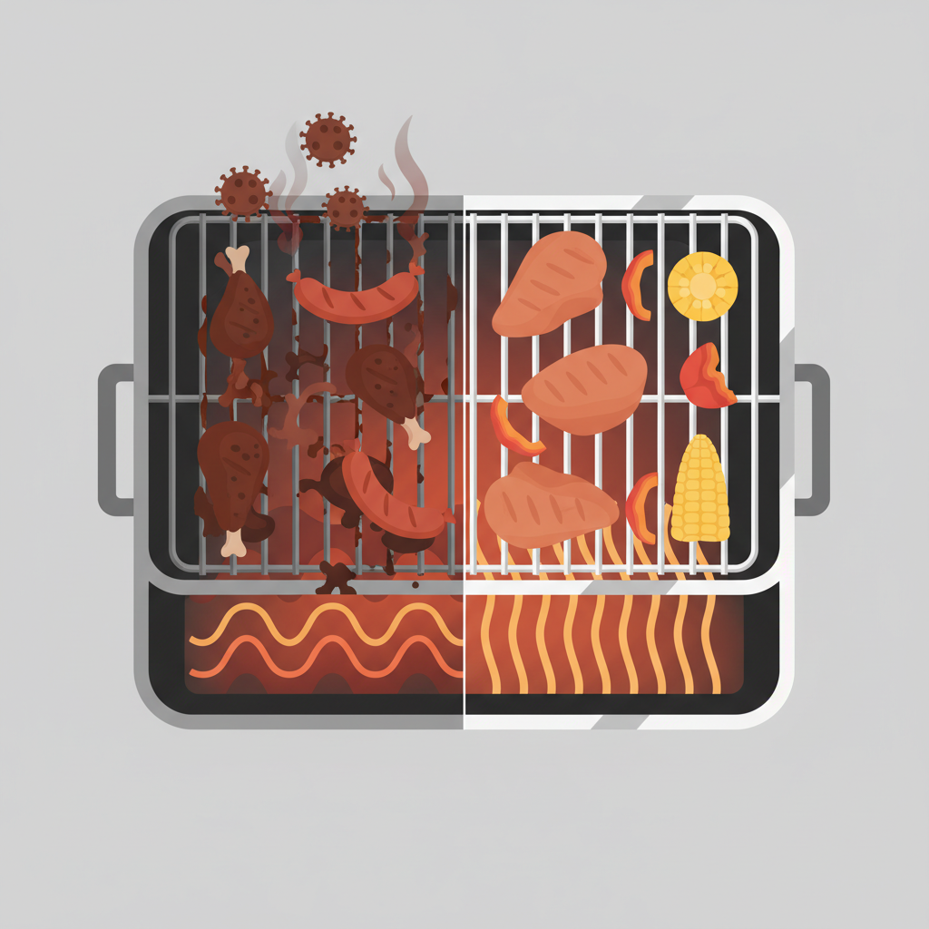 A stylized, clean flat illustration or infographic-style image comparing the grilling experience on a dirty versus a clean stainless steel grate. On one side, depict a grill grate with visible dark food residues and grease, showing uneven heat distribution represented by varying shades of red/orange heat lines, with some food sticking or burning. On the other side, a sparkling clean stainless steel grill grate, with perfectly even, uniform heat distribution indicated by smooth, consistent heat lines. Subtly, above the dirty grate, small, abstract, microscopic symbols (not text) could hint at bacteria, while the clean side shows smooth cooking of generic food items.