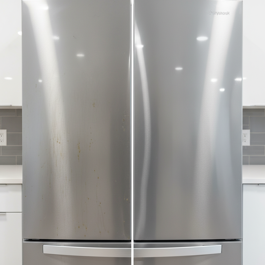A professional, high-resolution photograph of a stainless steel kitchen sink or appliance panel. The image should be split or show a clear 'before and after' effect. On one side, the stainless steel appears dull, with visible brownish-yellowish discoloration and subtle, faint rust spots, indicating oxidation. On the other side, the same surface is pristine, highly reflective, and gleaming with its original luster. The lighting should highlight the contrast between the oxidized and restored states, emphasizing the successful removal of dullness and stains.
