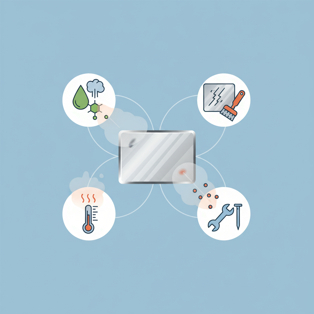 A clear, conceptual flat illustration depicting the various causes of stainless steel oxidation. The central element is a pristine, stylized stainless steel surface. Around it, distinct icons visually represent corrosive substances (e.g., a stylized acid drip or salt crystal), mechanical damage (e.g., a scratch mark or abrasive brush), high temperatures (e.g., heat waves rising from the surface), and external iron particle contamination (e.g., small, reddish specks near a tool). Each icon should subtly impact or be directed towards the stainless steel surface, symbolizing the damage leading to oxidation.