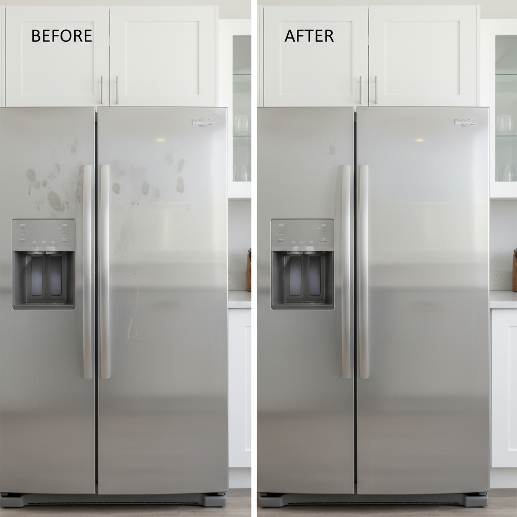 A captivating split-screen image or a subtle before-and-after composition centered on a modern stainless steel kitchen appliance, such as a refrigerator door or oven. On the left (before state), the stainless steel surface appears dull, covered with visible fingerprints, smudges, and minor water stains, lacking luster. On the right (after state), the exact same appliance gleams brilliantly, reflecting light with a flawless, streak-free, mirror-like finish, conveying a sense of renewed elegance and protection. The transition should be visually striking, highlighting the transformative power of the care product. Use a professional photo style with bright, even lighting.