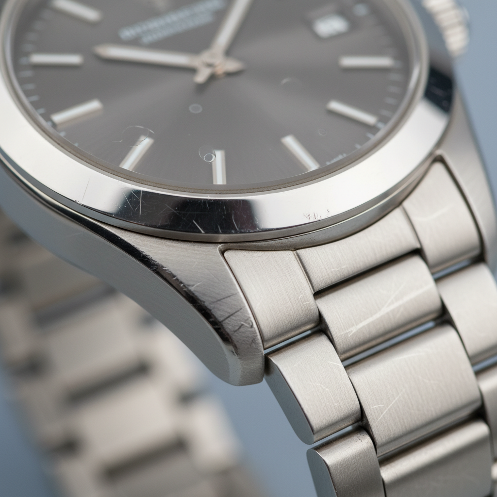 A detailed macro shot of a sophisticated stainless steel wristwatch. The focus is on the watch case and bracelet, which exhibit several noticeable fine and medium scratches, appearing as dull, whitish lines against the otherwise polished and brushed metal surfaces. The scratches are clearly visible, detracting from the watch's luster. A subtle, soft background keeps the attention on the watch's imperfect surface. Professional product photography, high detail.