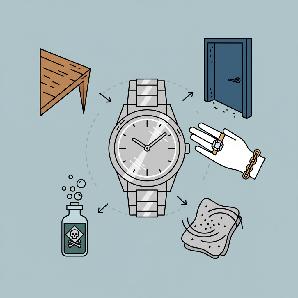 An infographic-style illustration depicting the common culprits behind watch scratches. A central, stylized stainless steel watch is surrounded by various illustrative elements: a sharp desk edge, a door frame, a piece of jewelry (ring or bracelet), a cleaning cloth with implied abrasive particles, and a small generic chemical bottle. Each element is presented cleanly and distinctly, hinting at its potential to cause damage. Flat illustration, clean lines, vibrant but professional color palette.