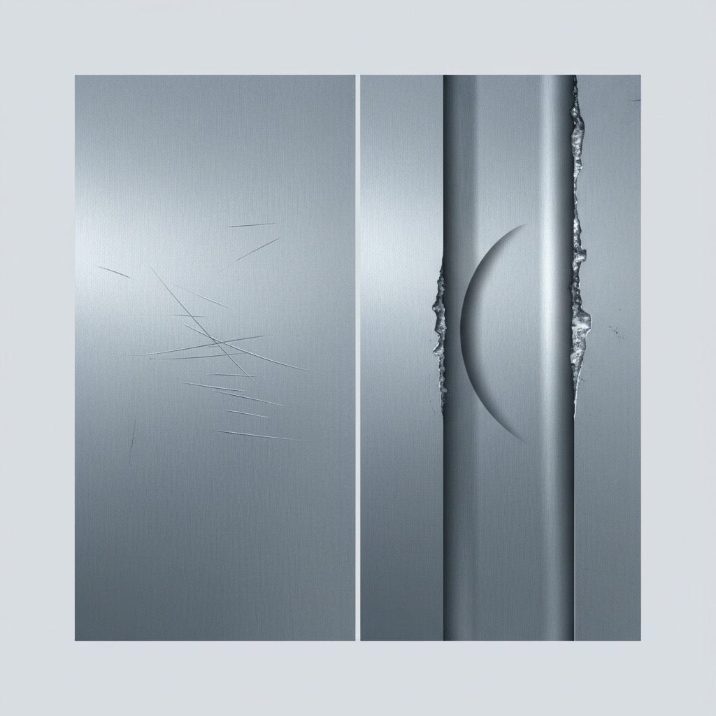 A clear, side-by-side technical illustration comparing superficial and deep scratches on a magnified stainless steel surface. On one side, fine, hairline scratches are barely etched into the material's top layer. On the other side, a deep, distinct groove is visible, casting a subtle shadow within the cut, implying significant material removal. A subtle difference in lighting or texture highlights the depth variation between the two types. Detailed technical drawing style.