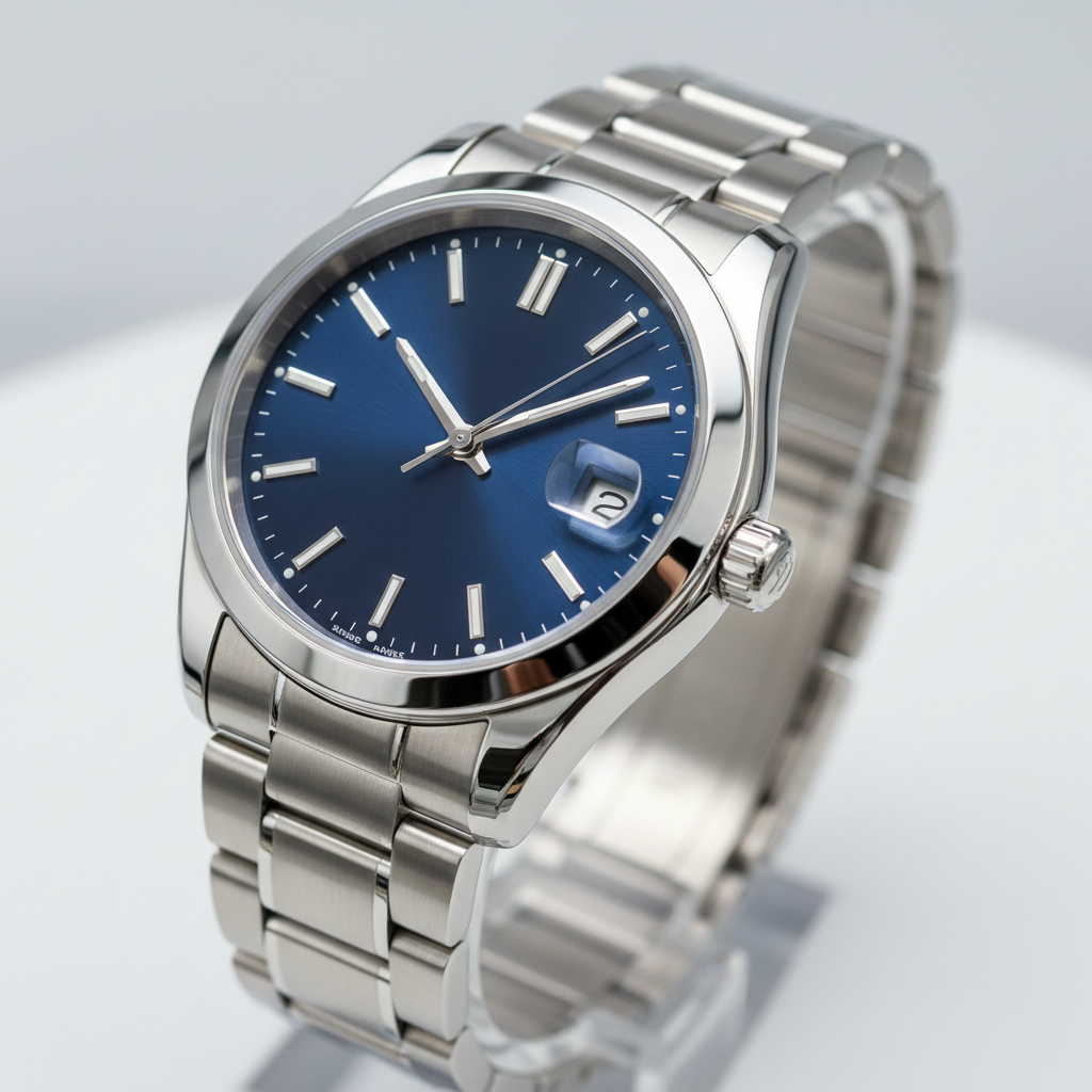 A stunning, well-lit close-up of a stainless steel watch, now perfectly restored and gleaming. The watch case and bracelet are immaculate, reflecting ambient light beautifully with a mirror-like finish, entirely free of any visible scratches or imperfections. The smooth, polished surfaces catch highlights, emphasizing the watch's renewed elegance and pristine condition. Professional high-key product photography, showcasing brilliance and flawlessness.