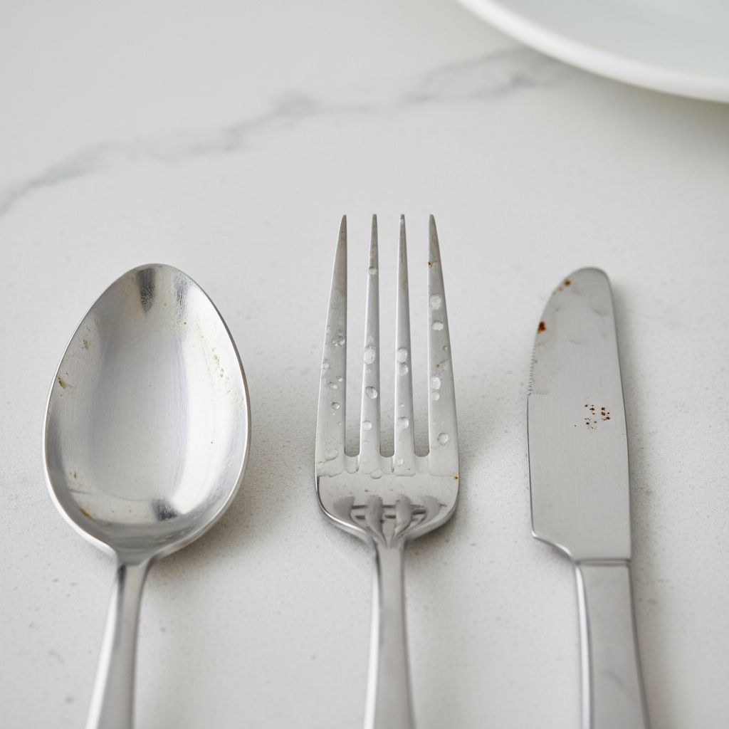 A close-up, professional studio photo of various stainless steel cutlery pieces. Showcase different common stains: a fork with distinct white mineral water spots, a knife with small, reddish-brown rust specks near the handle, and a spoon with faint, yellowish discoloration from food residue. The background is a clean, minimalist kitchen counter surface, slightly out of focus to keep attention on the stained cutlery. The lighting is soft but highlights the imperfections.