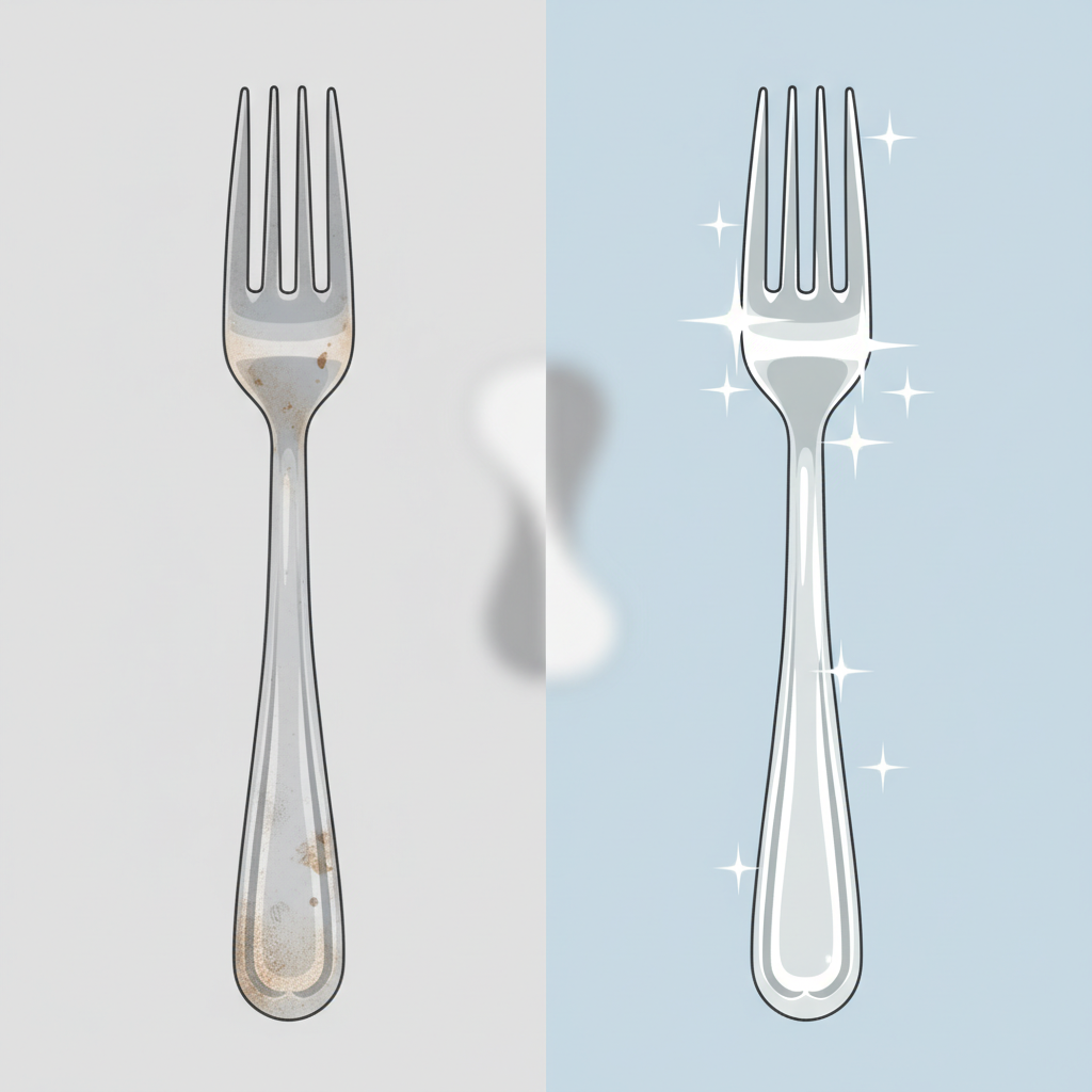 A split or 'before and after' flat illustration. On the left side, a dull, tarnished stainless steel fork with visible smudges and minor stains. On the right side, the same fork appears gleaming and sparkling, reflecting light beautifully, suggesting a polished finish. A subtle visual transition in the center, perhaps an implied cleaning motion (e.g., a blurred, generic cleaning tool or a soft cloth shape), without showing specific products. Emphasize the contrast between dull and shiny.
