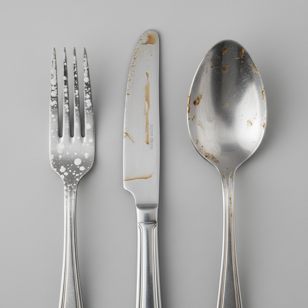 A close-up, high-angle professional photo of several pieces of stainless steel cutlery (a fork, a knife, and a spoon) arranged artfully on a neutral, clean surface. Each piece should visibly display a different common type of stain: one with prominent white, circular water spots and mineral deposits, another with noticeable brownish tea or coffee discoloration, and a third showing obvious, smudged finger/grease marks. The overall impression should be of elegant, yet clearly tarnished, kitchenware awaiting restoration, highlighting the problem discussed in the article. The lighting should emphasize the dullness and contrast with any remaining gleam.