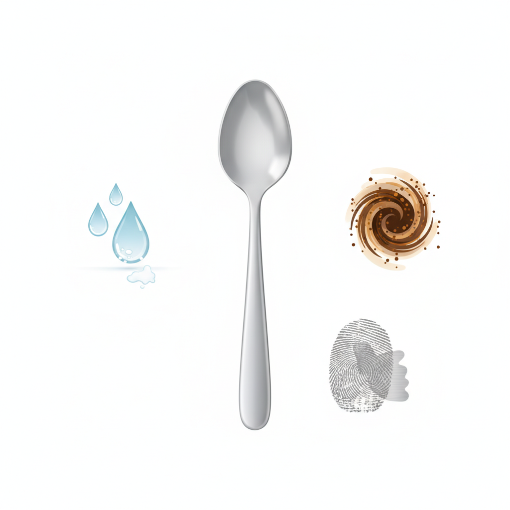 A crisp, clean infographic-style illustration depicting the common causes of stains on stainless steel cutlery. The image should feature a stylized piece of cutlery (e.g., a spoon or fork) as a central element. Around it, various small, abstract representations symbolize the causes: droplets of hard water leaving white mineral deposits, a brown tea/coffee swirl, and a faint grey fingerprint outline. The overall background should be bright and uncluttered, with a focus on conveying information visually without being overly busy, making it suitable for a blog post explaining 'why' stains occur.