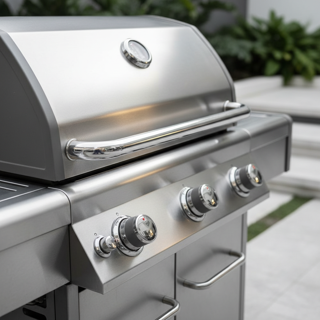 A professional, close-up photograph of a meticulously cleaned stainless steel gas grill. The grill's metallic surfaces gleam brilliantly, reflecting ambient light with a mirror-like finish, signifying its 'like new' condition. There are no visible smudges, grease, or dirt, emphasizing pristine cleanliness. The focus is on the smooth, polished texture of the stainless steel, conveying a sense of hygiene and durability. A soft, inviting glow from natural light enhances the visual appeal, making the grill appear inviting and perfectly maintained. Professional photo style.