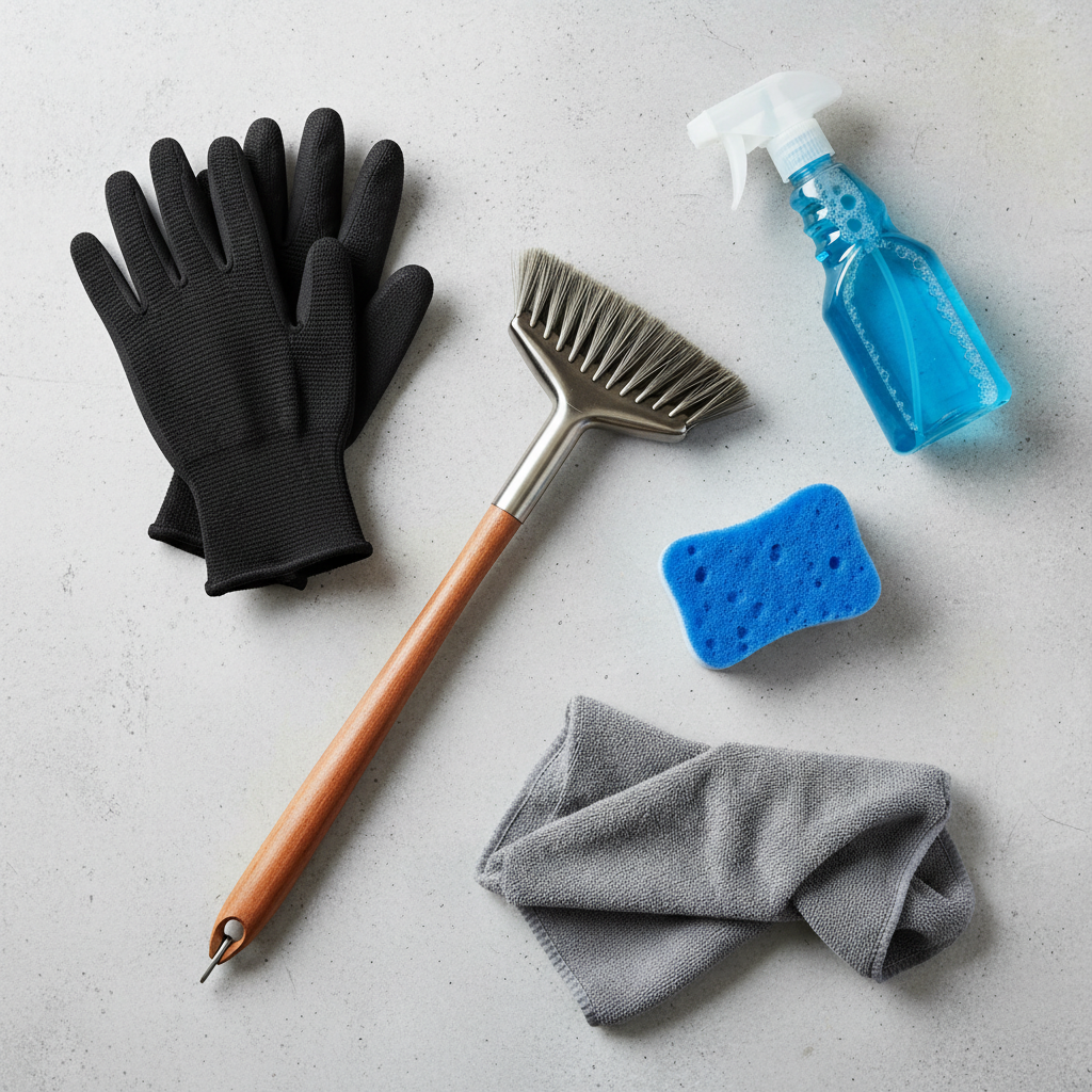A bright, overhead flat lay photograph displaying a curated collection of essential tools for cleaning a stainless steel grill. Arranged neatly on a light, neutral background are items like robust protective gloves, a sturdy grill brush with appropriate bristles (e.g., stainless steel or brass), a versatile cleaning sponge (rough and soft sides visible), a clean microfiber polishing cloth, and a spray bottle of cleaner. The composition should suggest preparedness and efficiency for a thorough cleaning task, highlighting practical equipment. Flat lay photography style.