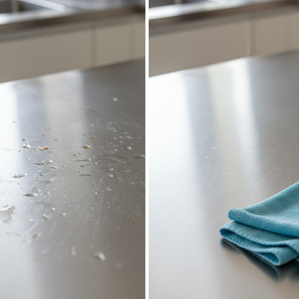 A professional, split-scene photograph depicting a stainless steel kitchen surface. On the left, the surface is marred with visible water spots, fingerprints, and a dull sheen, clearly showing a need for cleaning. On the right, the same surface gleams brilliantly, reflecting light, utterly free of any blemishes. A soft, clean microfiber cloth is subtly visible near the right edge, hinting at the successful cleaning process. The overall mood is one of restoration and pristine cleanliness, emphasizing the aesthetic benefits of proper care. The lighting should highlight the contrast between the unkempt and the perfectly polished metal.
