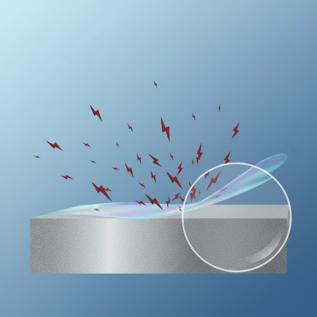 A clean, infographic-style illustration depicting the microscopic structure of stainless steel. The main focus is a layered cross-section: a thicker, grey metallic base representing the steel alloy, topped by a very thin, translucent, slightly iridescent protective layer symbolizing the chromium oxide barrier. This barrier actively repels tiny, abstract droplets or sharp particles attempting to penetrate it, illustrating its corrosion resistance. A small, subtle magnifying glass effect could frame a portion of this interaction, highlighting the importance of the protective layer. The overall aesthetic should be modern, informative, and visually emphasizes durability and protection.
