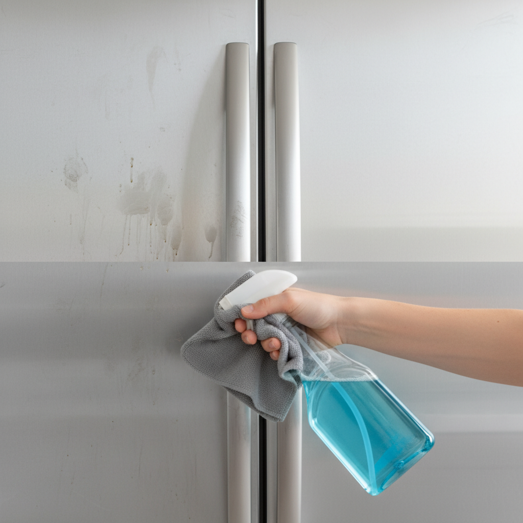 A high-quality, realistic professional photo, split horizontally. The left side depicts a close-up of a dull stainless steel kitchen surface, like a refrigerator door, visibly covered in smudges, fingerprints, and water spots, appearing unkempt. The right side shows the identical stainless steel surface, now impeccably clean, sparkling with a brilliant, mirror-like shine, reflecting light beautifully. A blurred hand holding a spray bottle and a microfiber cloth is subtly positioned in the middle, implying the cleaning action. The overall lighting should be bright and clean.