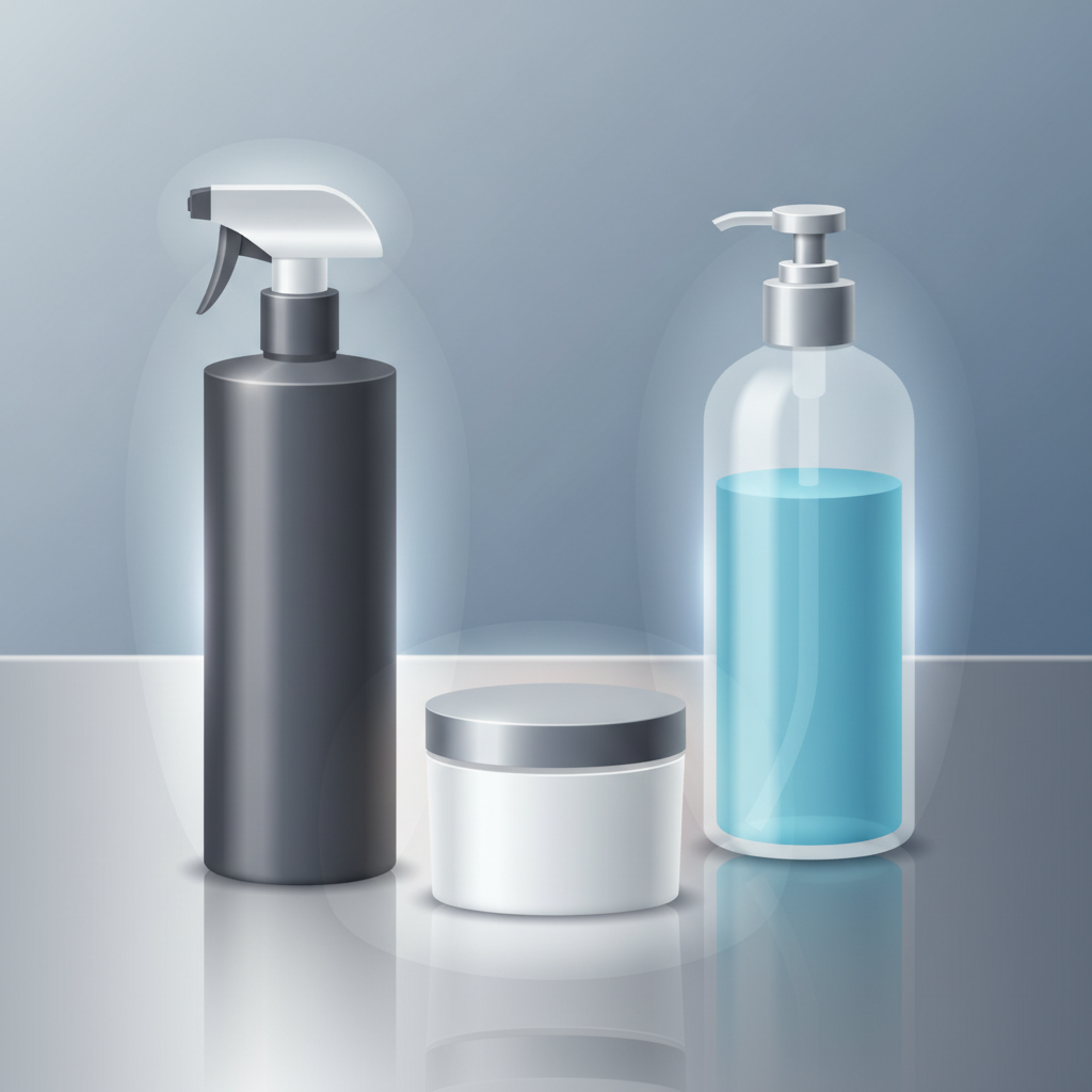 A clean, modern flat illustration showcasing a variety of stainless steel cleaning products. Feature three distinct types: a sleek spray bottle, a tube or small tub of cleaning paste, and a bottle of liquid cleaner. They should be arranged artfully on a subtle, polished stainless steel surface, perhaps with gentle reflections. Each product should appear distinct and modern. A soft, shimmering halo or protective film effect subtly emanates from the products, symbolizing the protective and polishing qualities for stainless steel.
