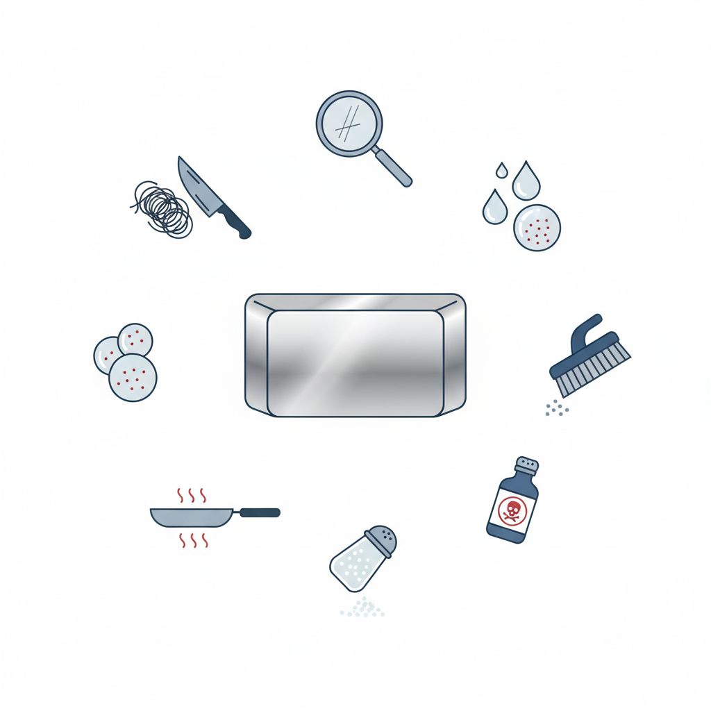 A clean, minimalist flat illustration depicting a rectangular block of polished stainless steel at the center. Around this block, six distinct, small illustrative icons represent the common causes of rust. These include: a small pile of steel wool fibers next to a knife blade, a magnifying glass hovering over a tiny scratch, water droplets containing subtle iron-like particles, a stylized bottle and a harsh scrub brush, a salt shaker spilling salt onto the surface, and an outline of a hot pan with subtle heat lines. Each icon should be clearly distinguishable and arranged neatly around the central stainless steel element.