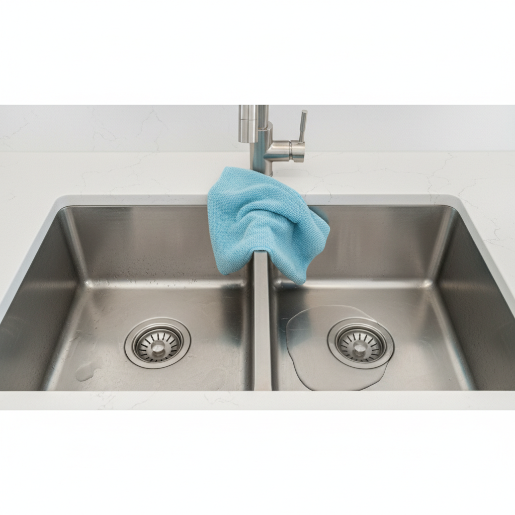 A professional photo showing a modern, stainless steel kitchen sink from a slight overhead angle. One side of the double basin is visibly dull, with dried water spots and faint limescale residue, depicting the 'before' state. The adjacent basin is sparkling clean, highly reflective, and gleaming, showcasing the 'after' effect. A soft, blue microfiber cloth is gently draped over the divider, with a tiny amount of water shimmering in the clean basin. The overall lighting is bright and inviting, emphasizing the contrast.