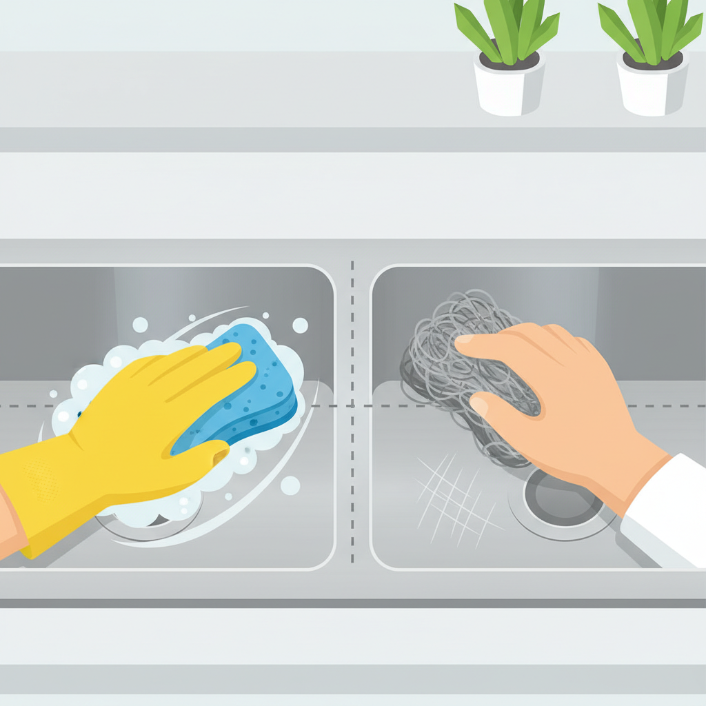 A vibrant flat illustration with a clean, infographic style. The image depicts a close-up of a stainless steel sink surface, visually divided into two distinct sections. On the left, a hand wearing a cleaning glove is gently scrubbing the surface with a soft sponge, creating delicate suds. On the right, a different hand holds a harsh, abrasive steel wool pad, with subtle, light scratch marks visibly marring the sink surface beneath it, indicating damage. The background is a minimalist, modern kitchen countertop.