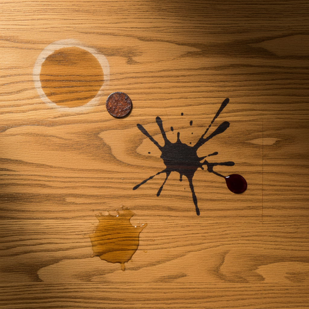 A top-down, professional photo of a warm, natural oak wood tabletop. The surface displays several distinct, dark tannin stains in various shapes and sizes. Nearby, the objects causing these stains are subtly visible: a small rusty metal nail head, a condensation ring left by a metal-bottomed glass, a single drop of red wine, and a splash of water. The focus is on the contrast between the beautiful oak grain and the prominent, dark discolorations, highlighting common culprits for these stubborn spots.