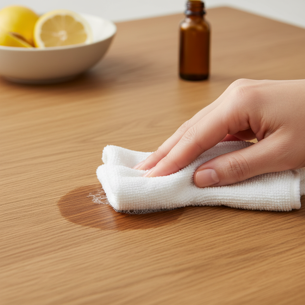 A close-up, brightly lit professional photo showing a gentle cleaning process on an oak wood surface. A dark, circular tannin stain is visible on the oak. A human hand, wearing a clean, soft white cloth or sponge, is carefully dabbing or wiping the stain. The background is slightly blurred but suggests a natural, home environment, possibly with out-of-focus elements like a lemon half or a small bowl, subtly hinting at natural home remedies. The image conveys care and the process of restoration.