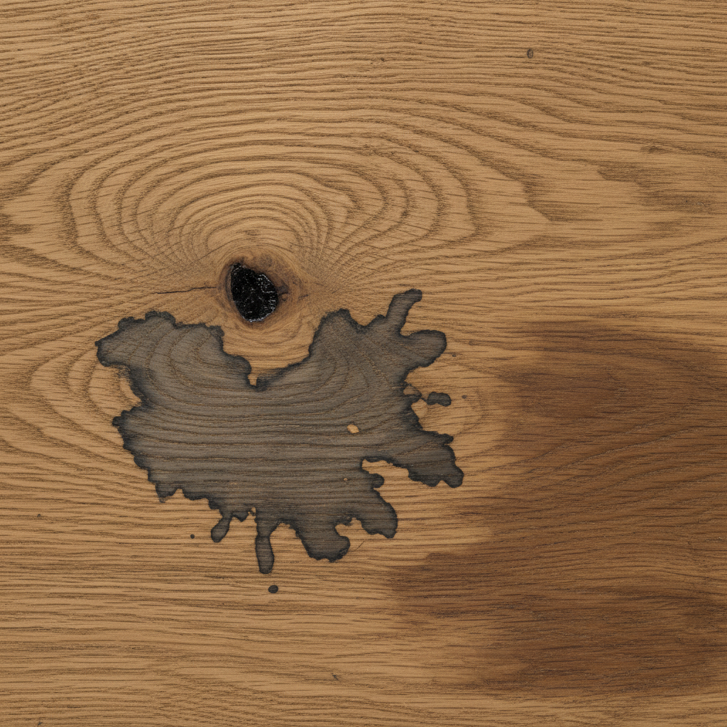 A high-quality, professional photograph of a detailed section of an unfinished oak wood surface. The wood's natural grain and texture are clearly visible, showcasing a variety of dark tannin stains. One stain appears as a small, circular, almost black mark, hinting at metal contact. Another is a larger, irregular dark grey blotch, suggesting moisture exposure. A third area shows more general discoloration. The image should convey the stubbornness and visual impact of these stains, focusing on realistic light and shadow to highlight the imperfections on the wood.
