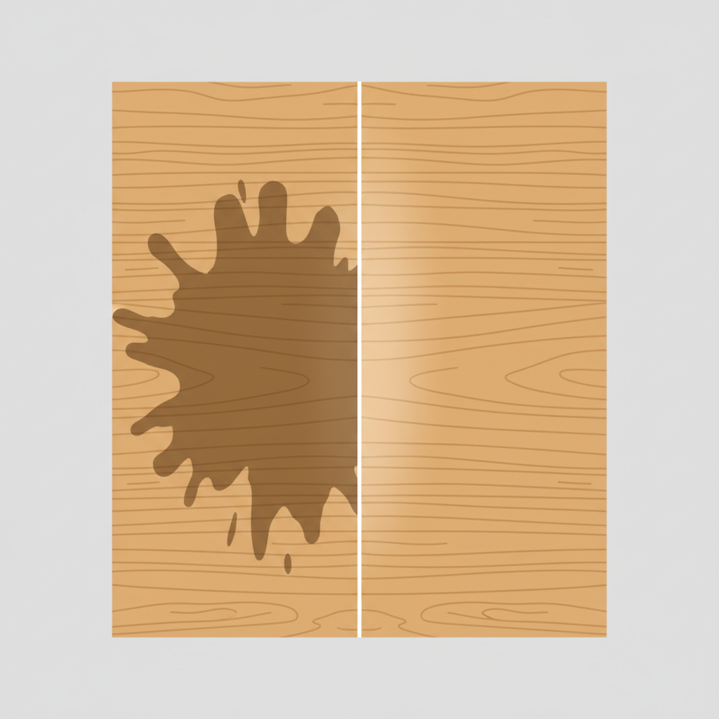 A clean and modern flat illustration depicting a piece of oak wood. The illustration is designed as a clear before-and-after comparison within a single frame. The 'before' side prominently features a dark, blotchy tannin stain on the oak surface. The 'after' side of the same wood piece shows the stain significantly faded, or completely removed, revealing the warm, natural hue of the oak beneath. The transformation should be clearly evident, suggesting successful restoration and renewal, rendered in a bright and appealing palette suitable for a helpful guide.