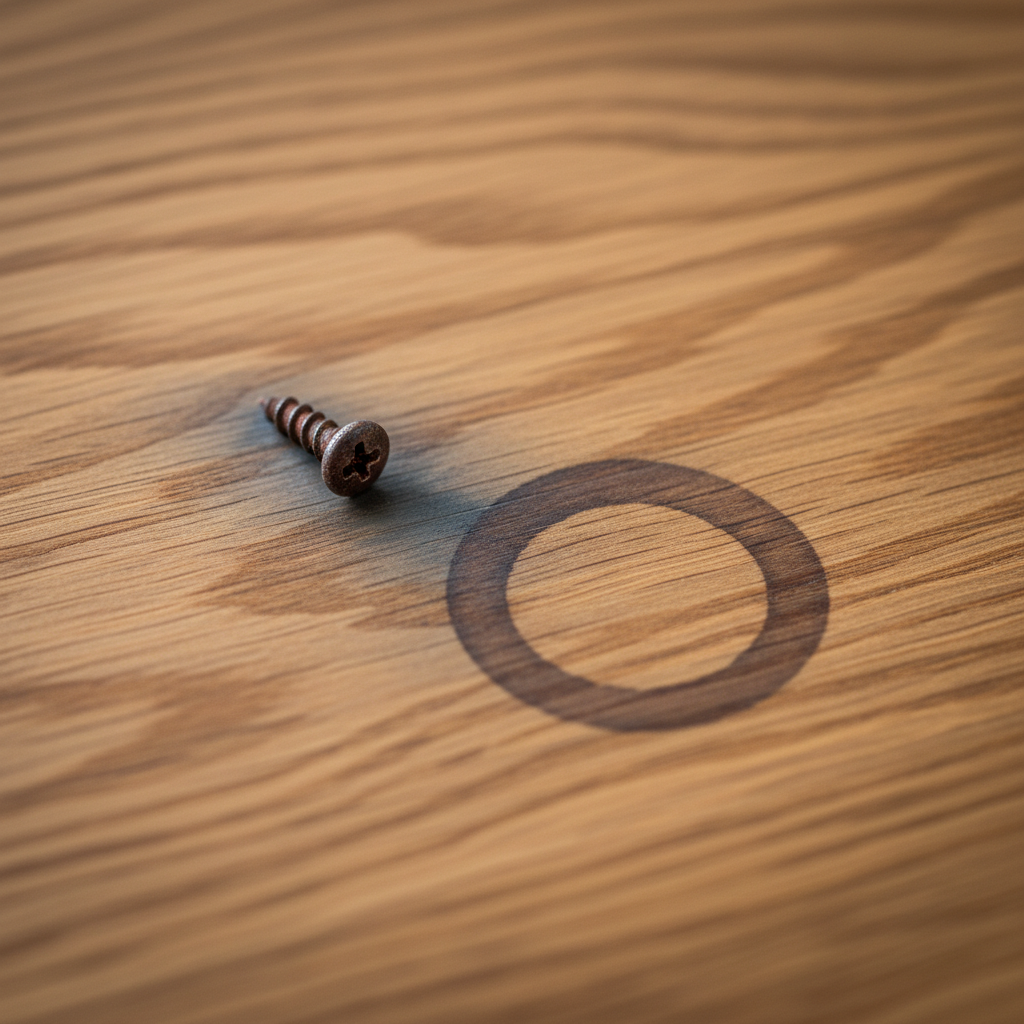 A close-up, high-angle shot of a beautifully grained oak wood surface, showcasing its natural texture and warmth. On one part of the surface, a small, slightly corroded metal screw is resting, with a subtle dark, spreading discoloration originating from its contact point. Nearby, a distinct dark, circular water stain (a ring mark) is clearly visible, contrasting with the lighter wood. The scene should visually explain the causes of tannin stains on oak. Style: Professional, realistic macro-style photo with a shallow depth of field, emphasizing the wood's details and the subtle staining.