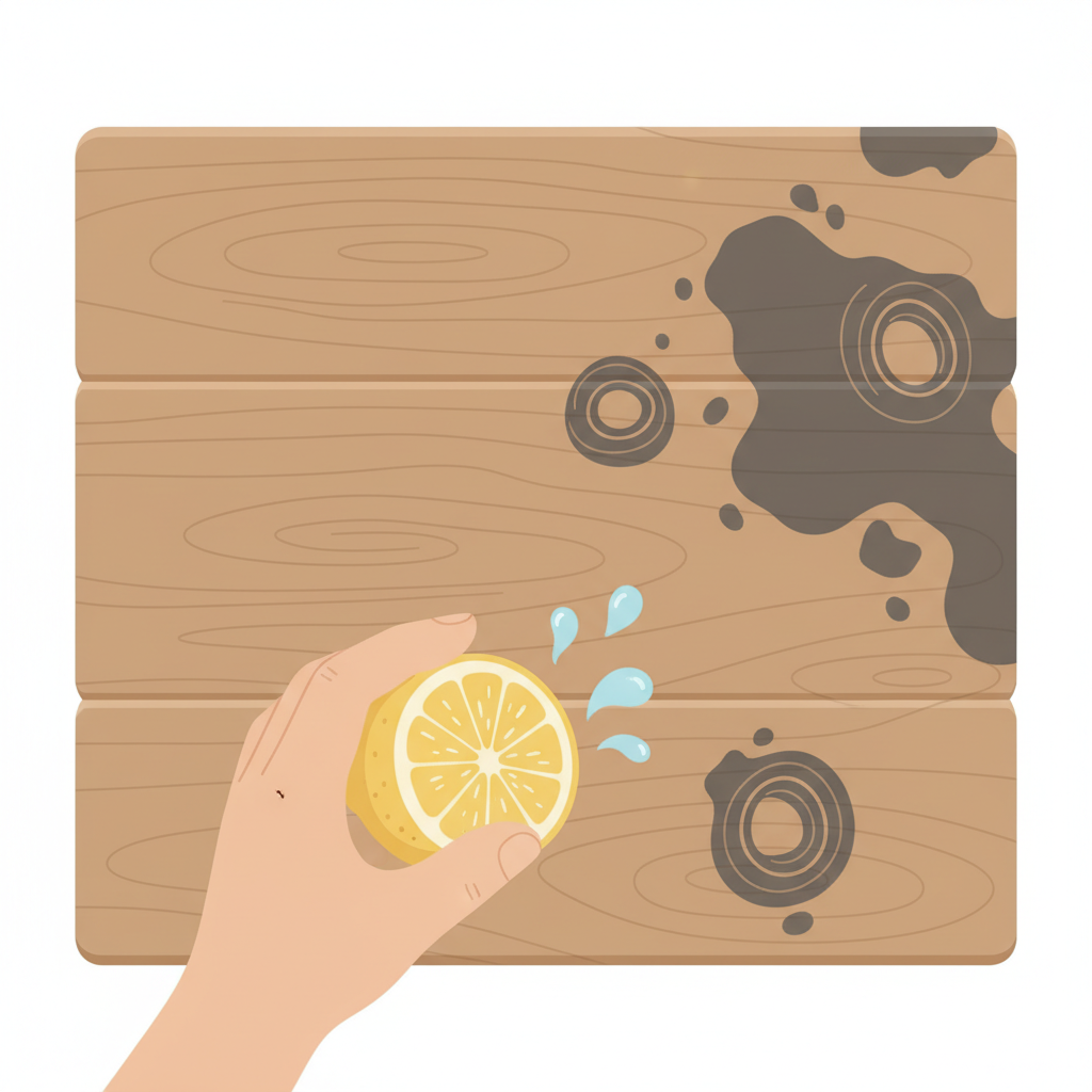 An artistic, stylized flat illustration depicting a smooth, light-brown oak wood plank. Approximately half of the plank is visibly covered in several prominent, dark gray-black tannin stains, appearing as distinct rings and irregular splotches, clearly contrasting with the clean wood. In the foreground, a gentle, illustrative hand reaches into the frame, holding a symbolic representation of a cleaning tool or a natural ingredient (e.g., a simple sponge or a lemon icon), subtly indicating the process of addressing the stains. Style: Clean, minimalist flat illustration with a natural color palette and soft lighting.